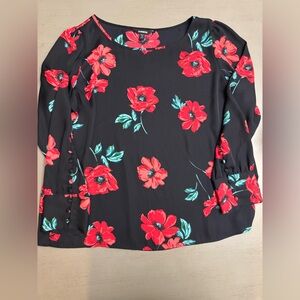Express Black Top with Red Floral and Button Sleeve Design Size L Petite